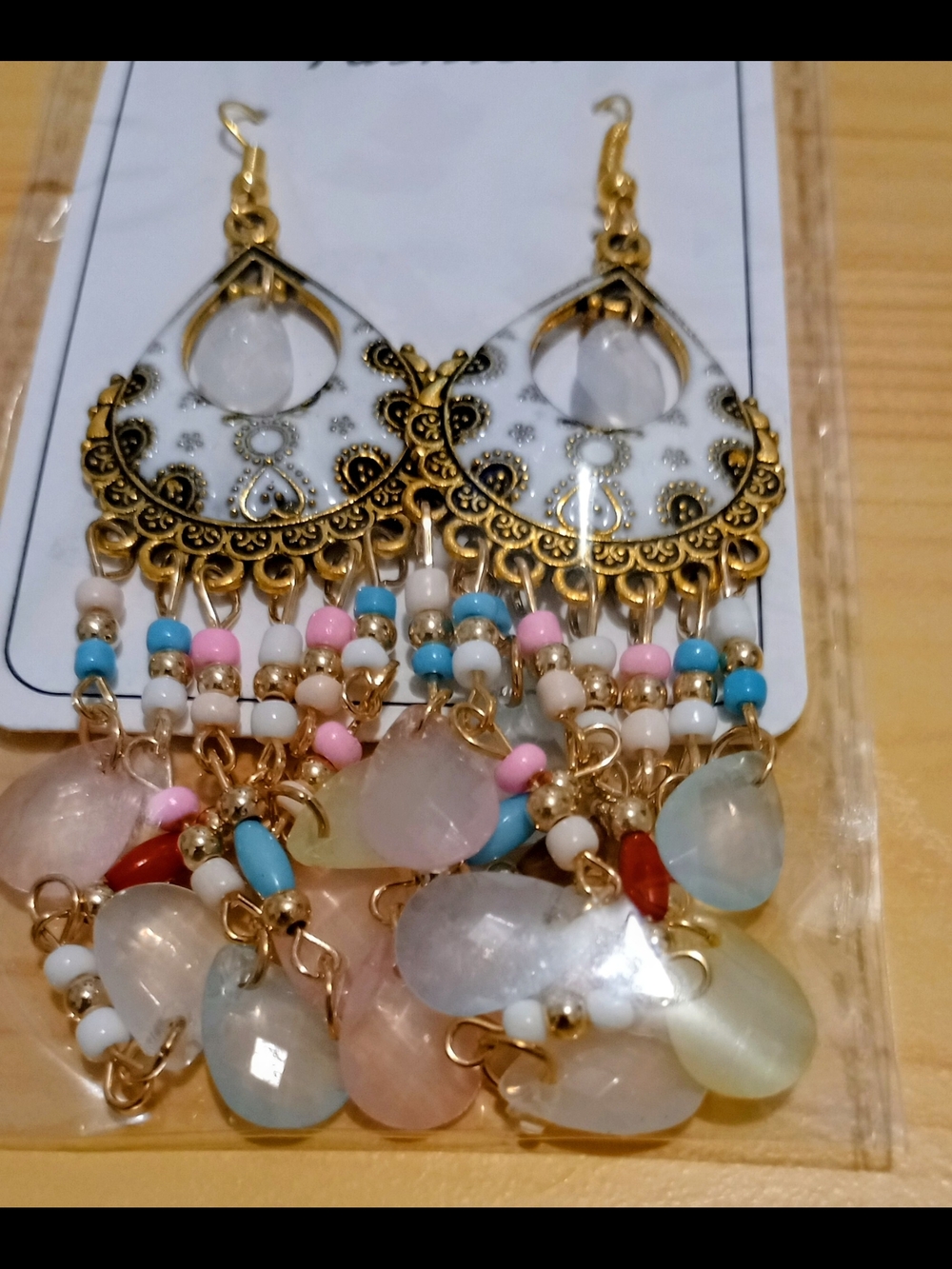 Gold-Tone Chandelier Earrings with Multicolor Beads and Pastel Teardrops